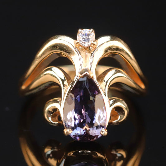Estate heavy tanzanite and diamond chevron ring in 14k yellow gold
