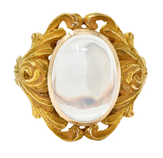 Art Nouveau Moonstone 14 Karat Gold Foliate Statement Ring