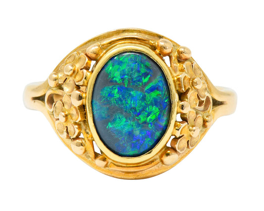 Art Nouveau 14 Karat Gold Black Opal Flower Ring