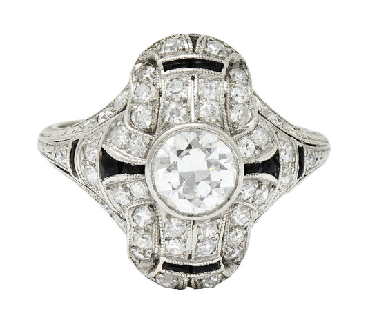 Art Deco 1.80 CTW Diamond Onyx Platinum Dinner Ring Circa 1930