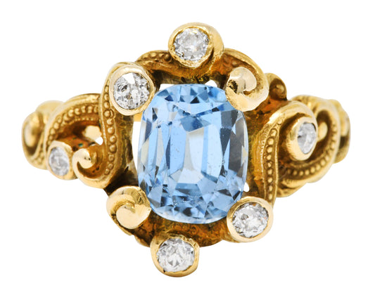 Art Nouveau 2.00 CTW Aquamarine Diamond 14 Karat Gold Whiplash Ring