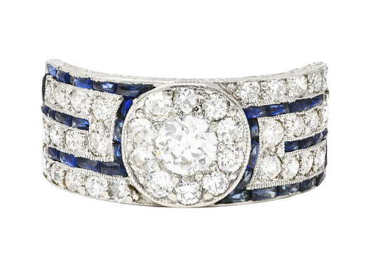 Art Deco 1.78 CTW Old European Cut Diamond Sapphire Platinum Greek Key Band Ring