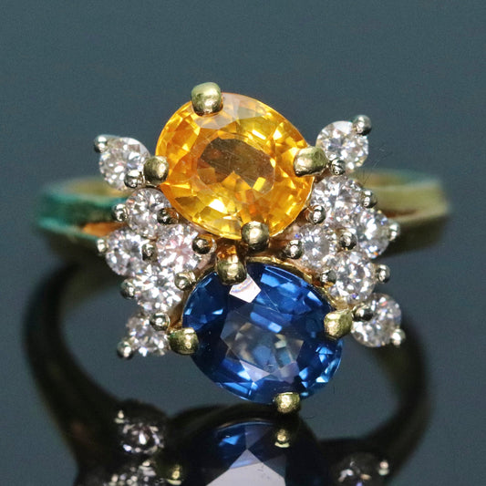 Estate Blue and yellow sapphire and diamond ring in 18k yellow gold