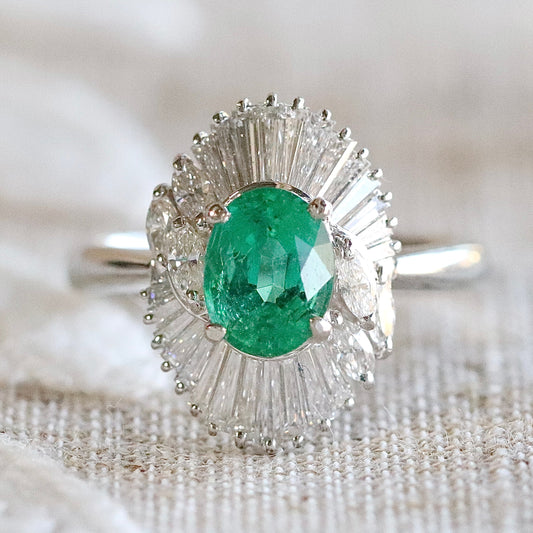 Estate Emerald and diamond ballerina style ring in platinum