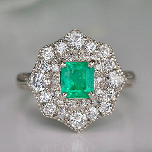 Estate Emerald and diamond ring in platinum