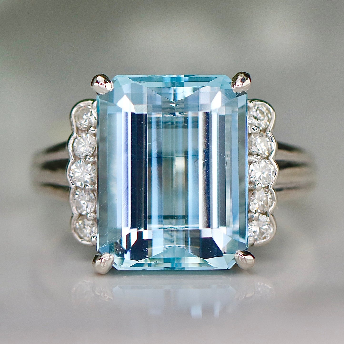 Estate Aquamarine and diamond ring in platinum